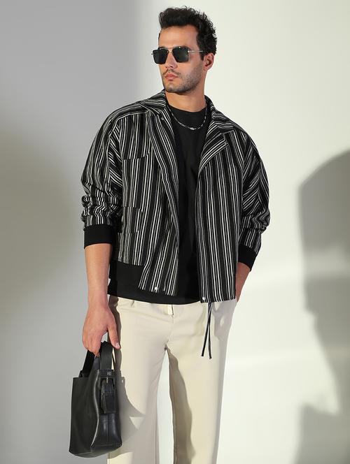 men black striped long sleeve casual jacket - 21843169 - Standard Image - 0
