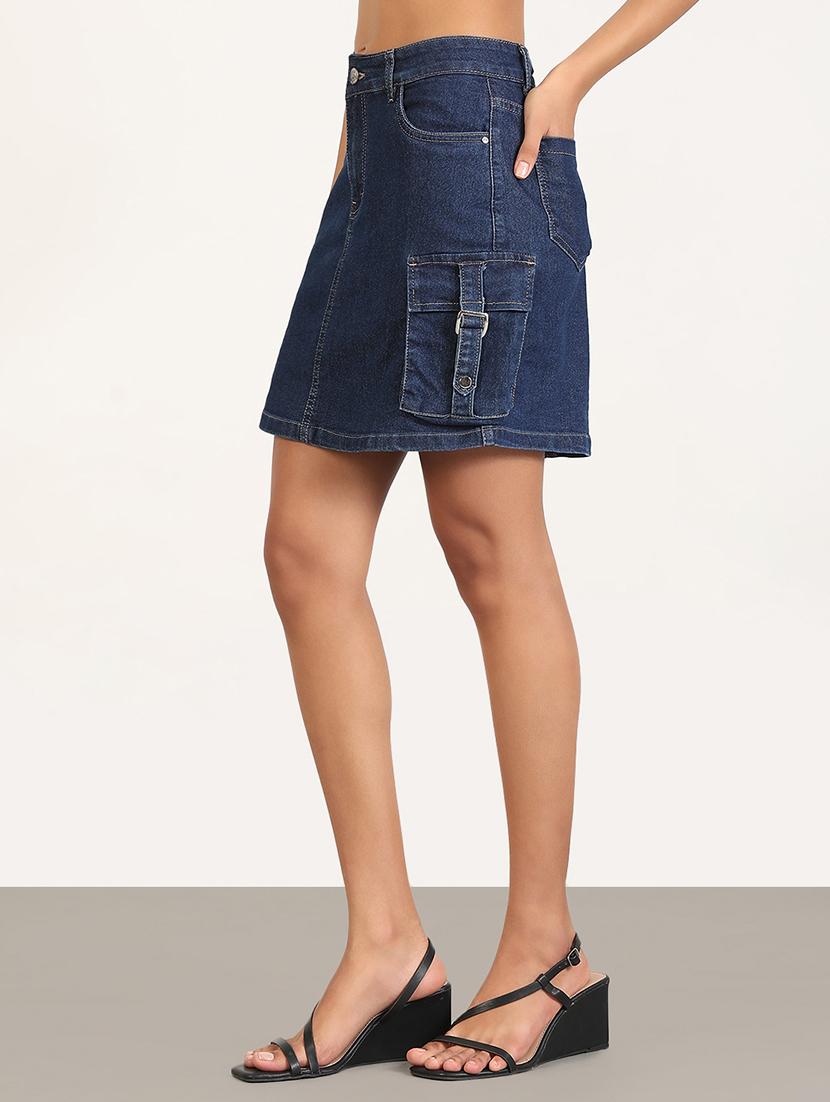 women solid mid rise denim cargo skirt - 21843343 - Standard Image - 2