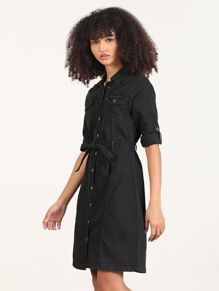 women solid roll-up sleeves collared shirt dress - 21843356 - Standard Image - 2