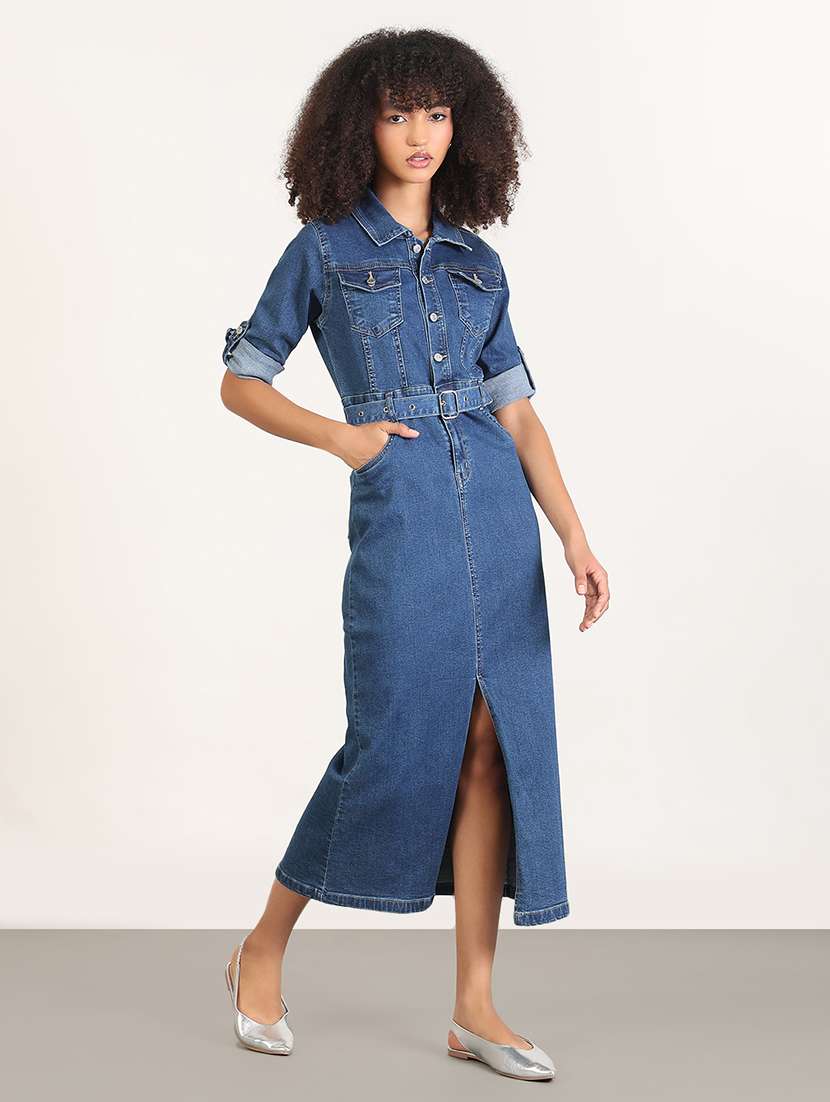 women collared roll-up sleeves denim dress - 21843357 -  Standard Image - 2