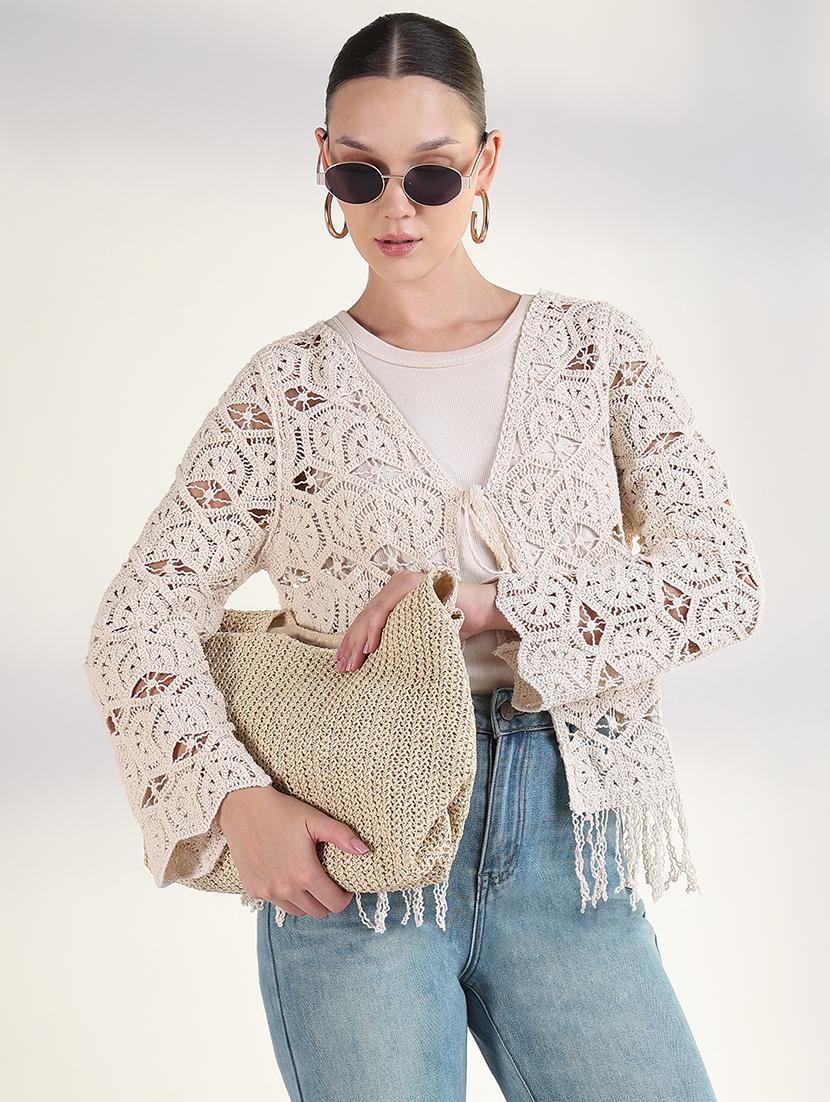 women crochet detailed fringed hem top