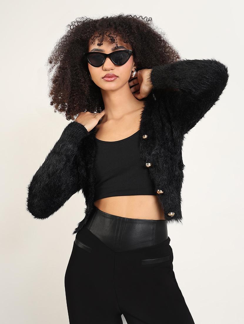 women solid long sleeves crop cardigan - 21843382 - Zoom Image - 0