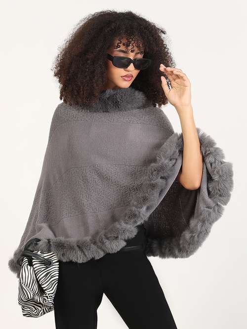 women self designed fur detailed poncho - 21843403 -  Standard Image - 0