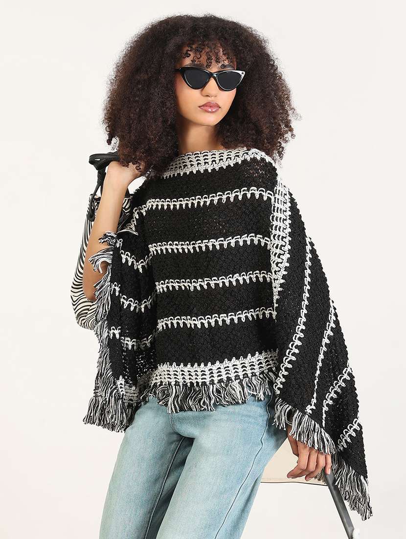 women self designed fringed hem poncho