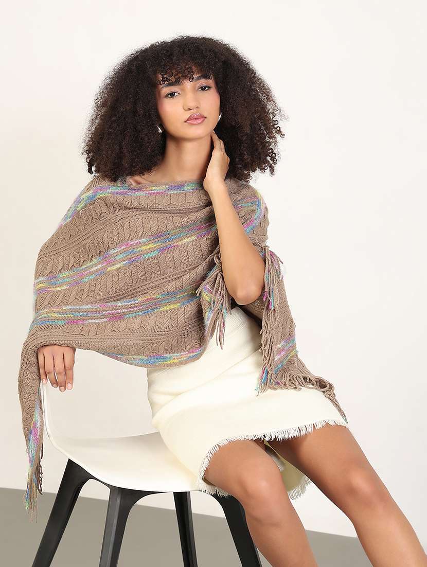 women self designed fringed hem poncho