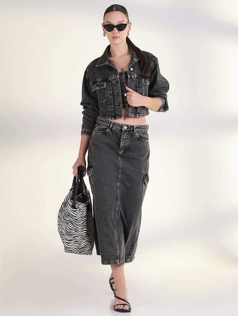 women solid top and skirt with jacket set 