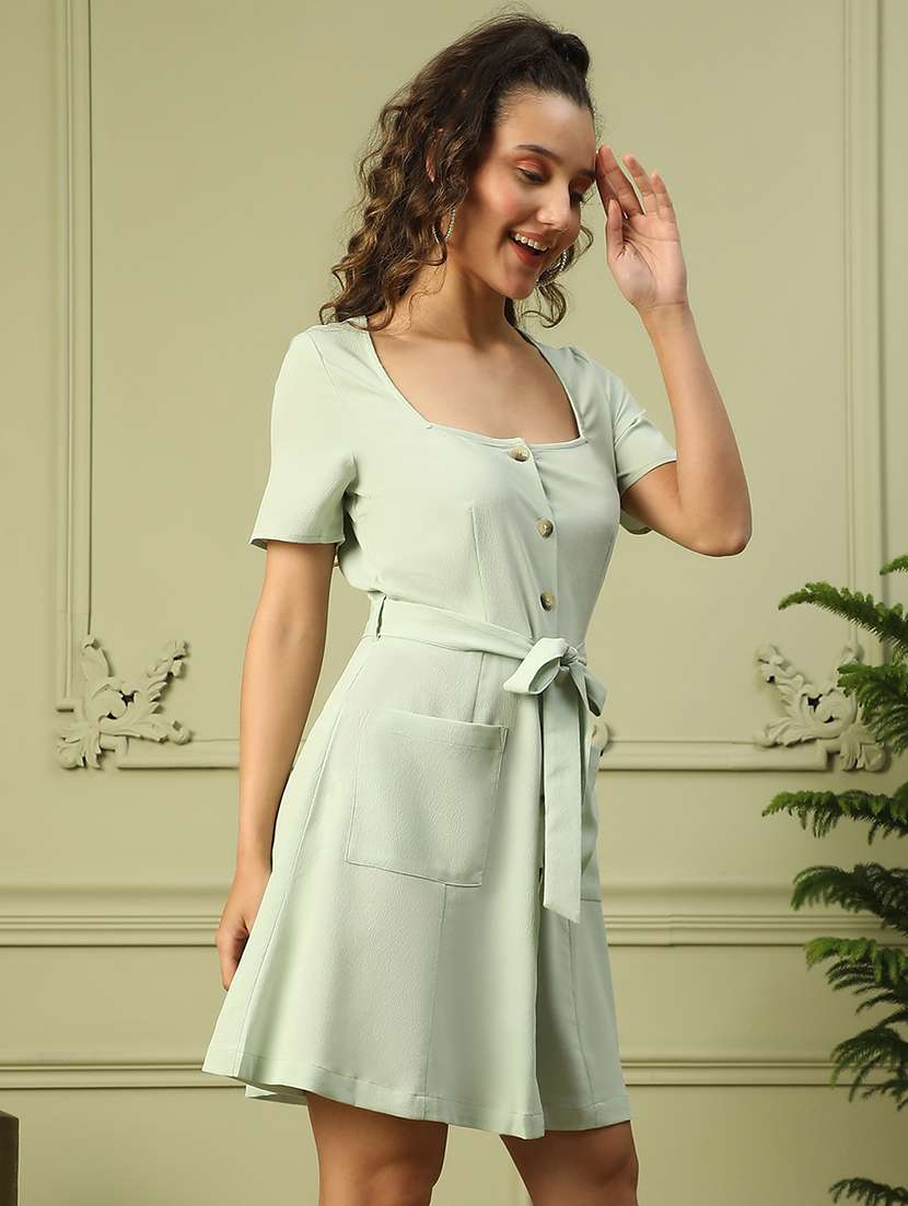 women solid square neck a-line dress - 21843439 -  Standard Image - 2