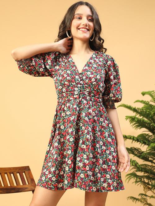 women floralprint puff sleeves fit & flare dress - 21843440 -  Standard Image - 0