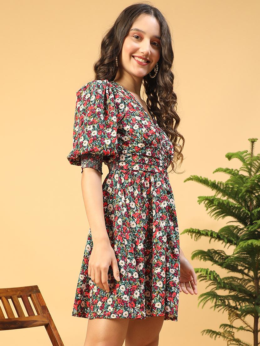 women floralprint puff sleeves fit & flare dress - 21843440 - Standard Image - 2