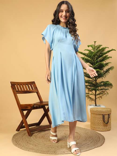 women solid flute sleeves fit & flared dress - 21843442 - Standard Image - 0