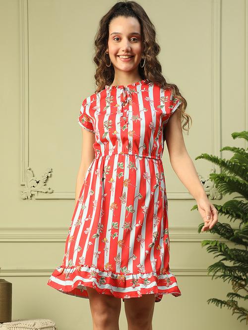 women printed tie up sleeves tiered dress - 21843443 -  Standard Image - 0