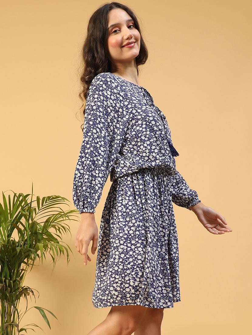 women floral print tie up neck fit & flared dress - 21843446 - Standard Image - 2