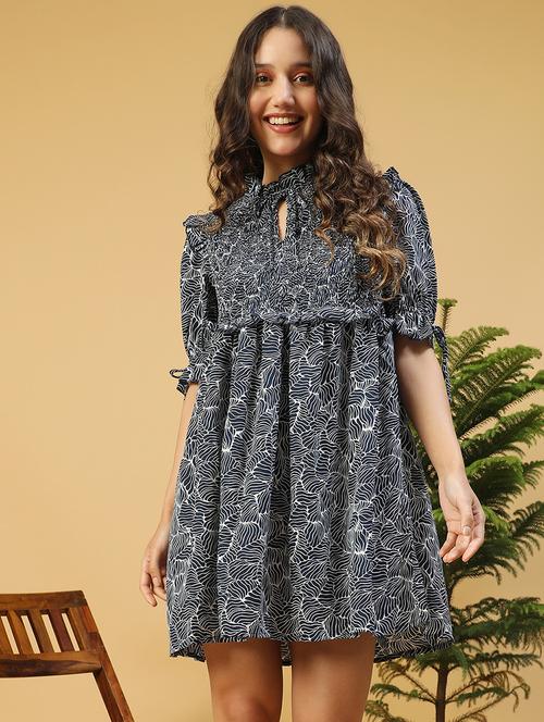 women printed tie-up neck puff sleeves a-line dress - 21843451 - Standard Image - 0
