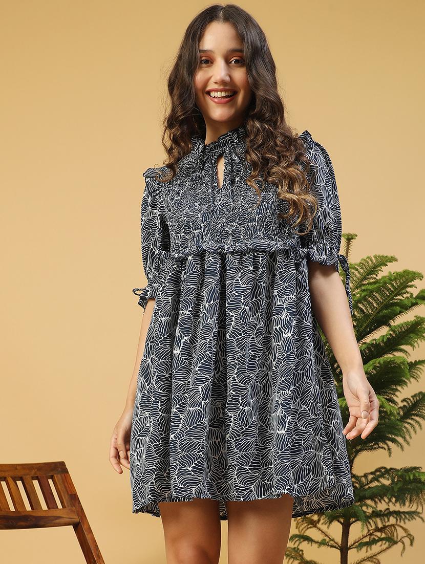 women printed tie-up neck puff sleeves a-line dress - 21843451 - Zoom Image - 0