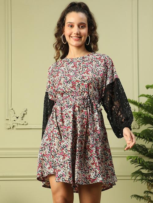 women floral print puff sleeves fit & flared dress - 21843459 -  Standard Image - 0
