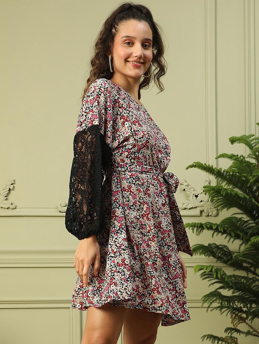 women floral print puff sleeves fit & flared dress - 21843459 - Standard Image - 2