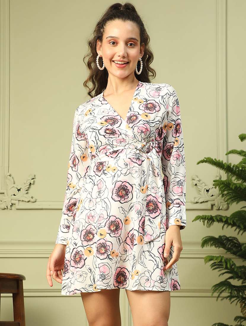 women floral printed long sleeves a-line dress