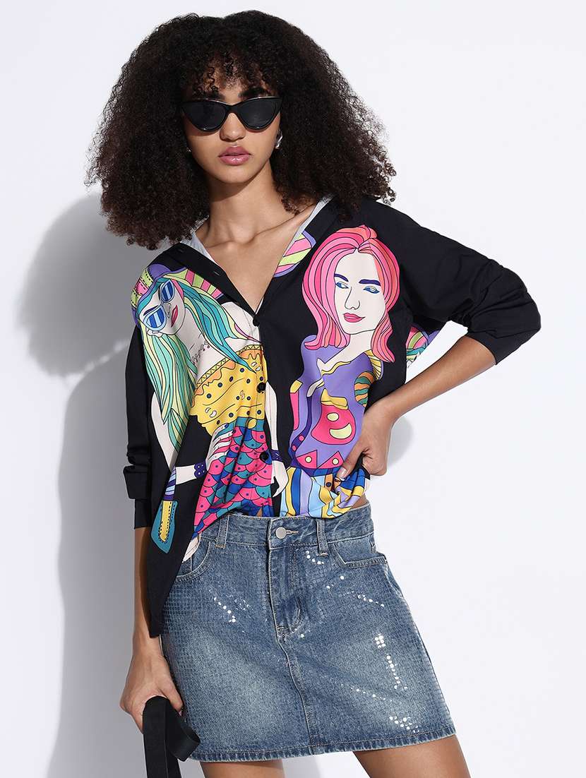 women printed collared oversized shirt