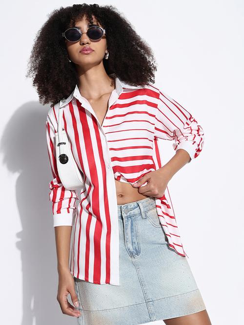 women striped collared oversized shirt - 21843474 - Standard Image - 0