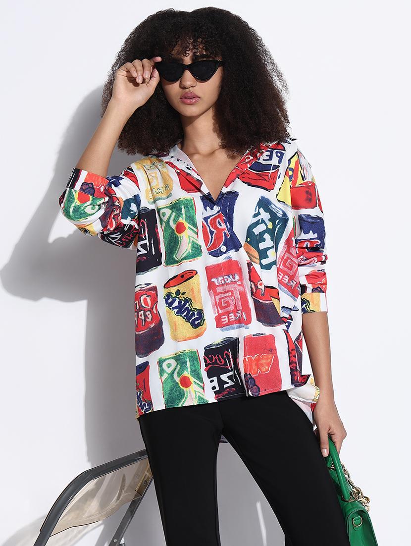 women printed collared oversized shirt - 21843478 - Zoom Image - 0