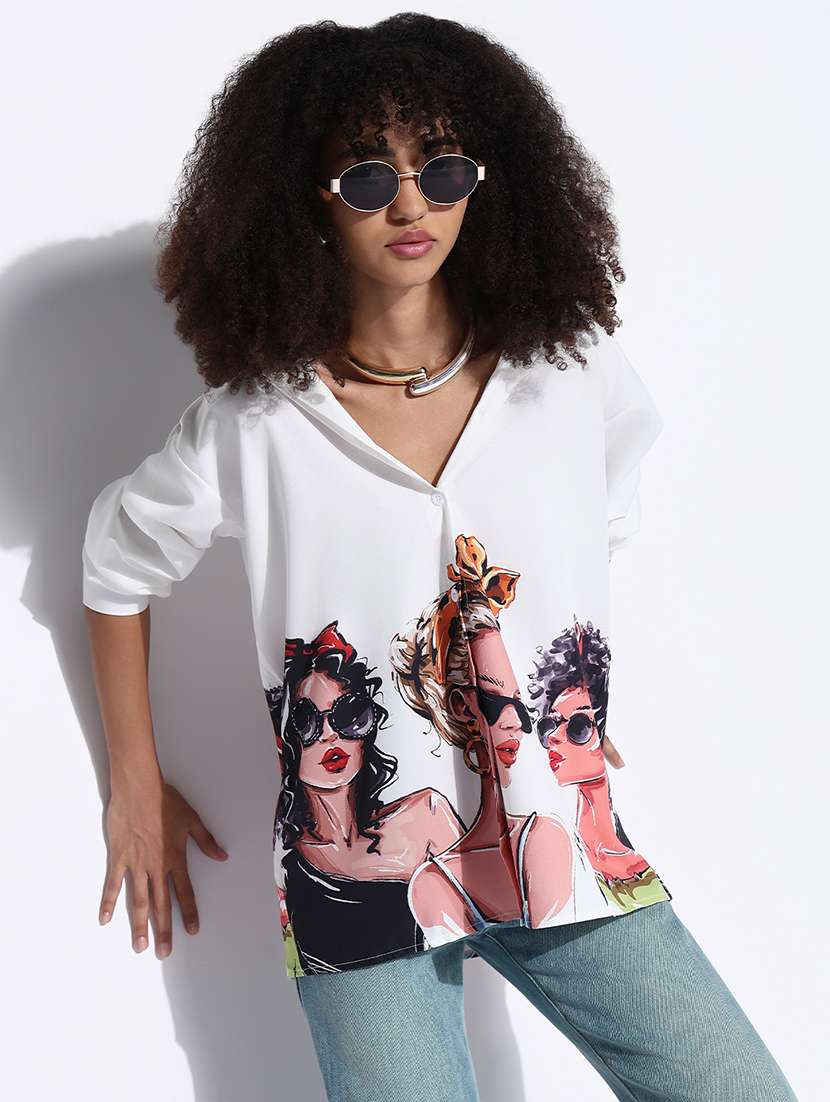 women printed collared oversized shirt