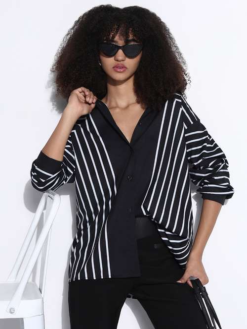 women striped collared oversized shirt - 21843481 -  Standard Image - 0
