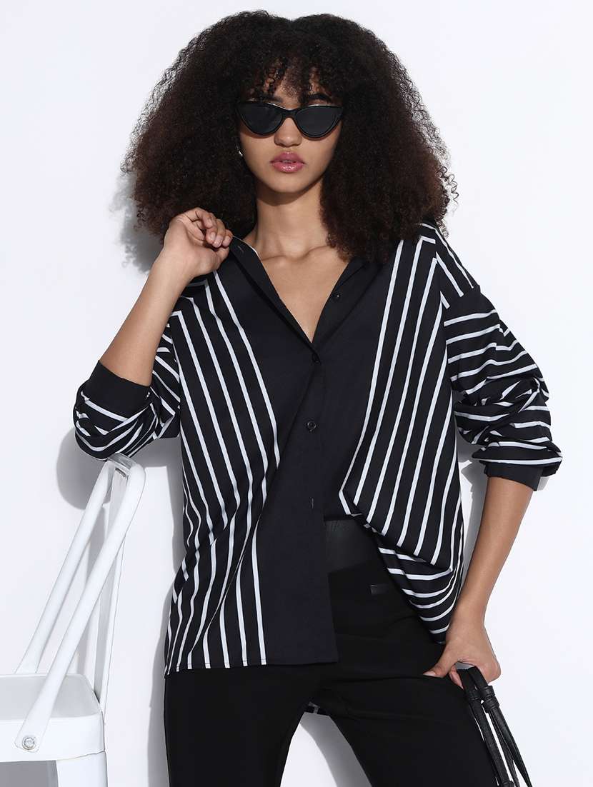 women striped collared oversized shirt - 21843481 -  Zoom Image - 0