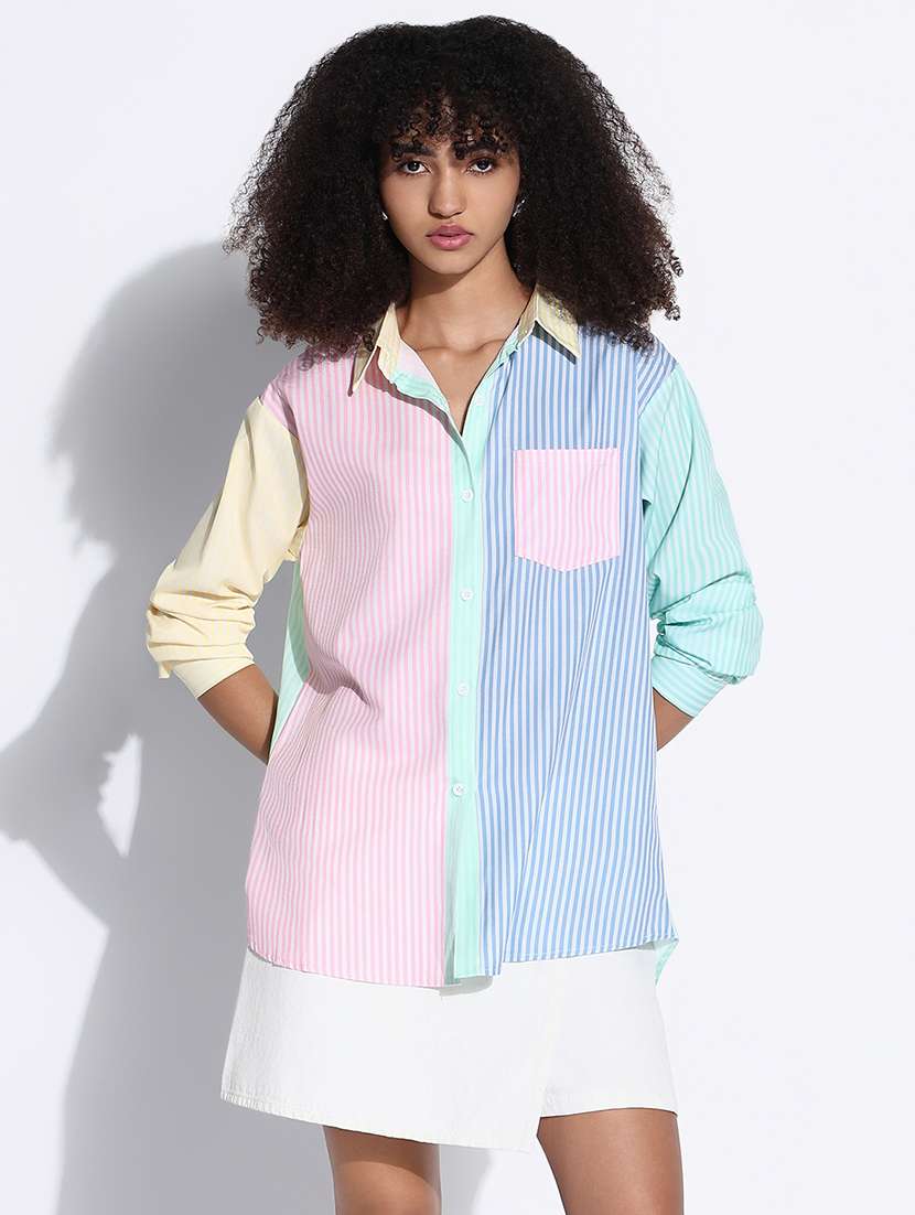 women color blocked collared oversized shirt