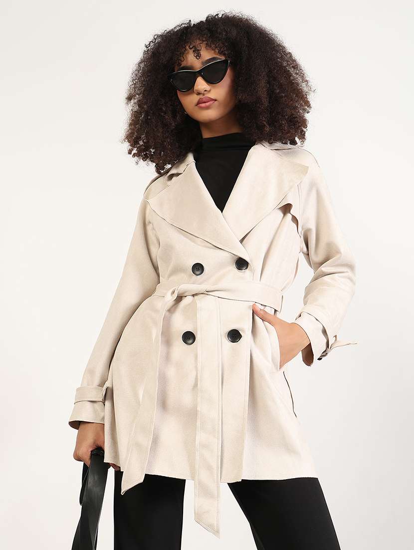 women solid long sleeves trench coat