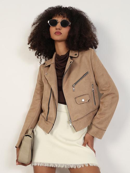 women solid long sleeves biker jacket - 21843502 - Standard Image - 0