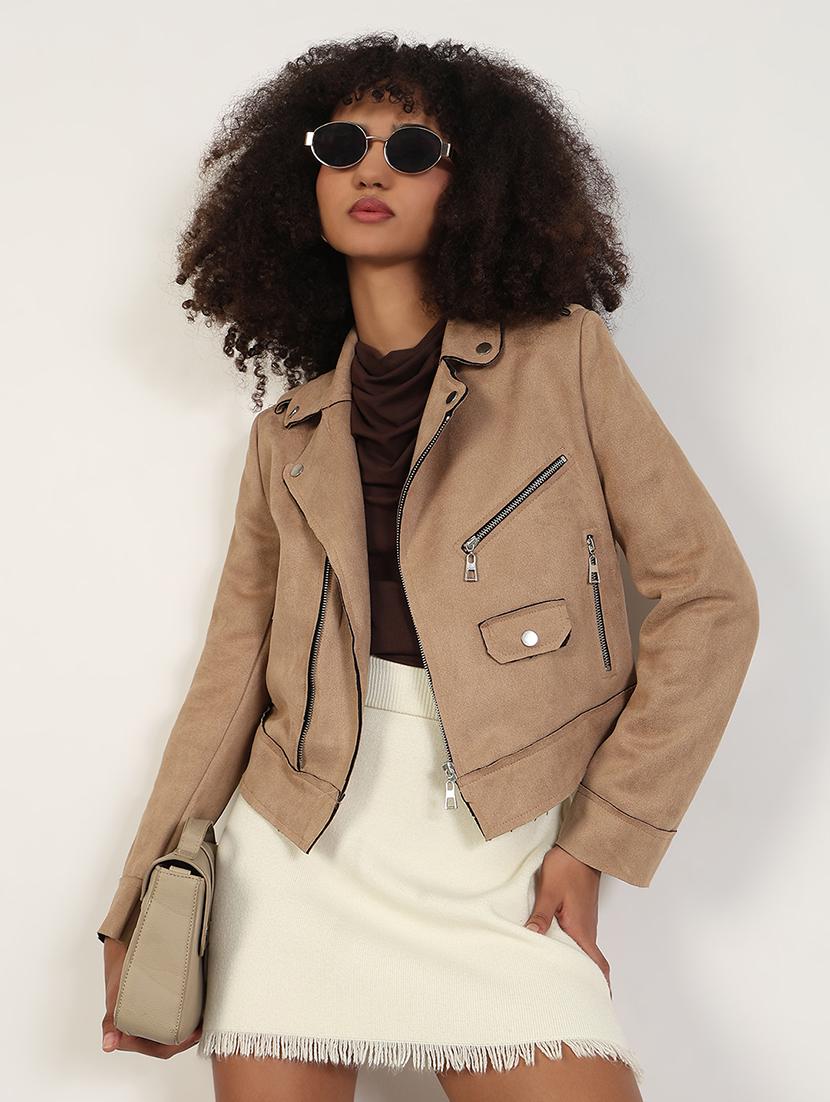 women solid long sleeves biker jacket - 21843502 - Zoom Image - 0