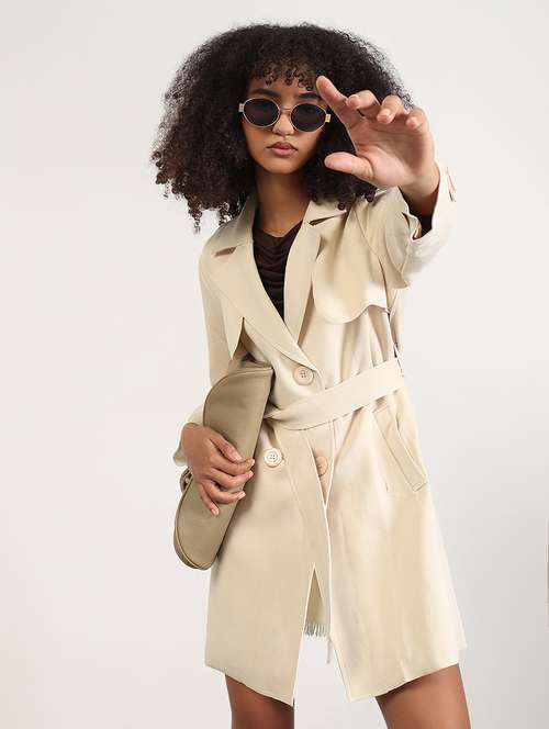 women solid long sleeves trench coat - 21843507 -  Standard Image - 0