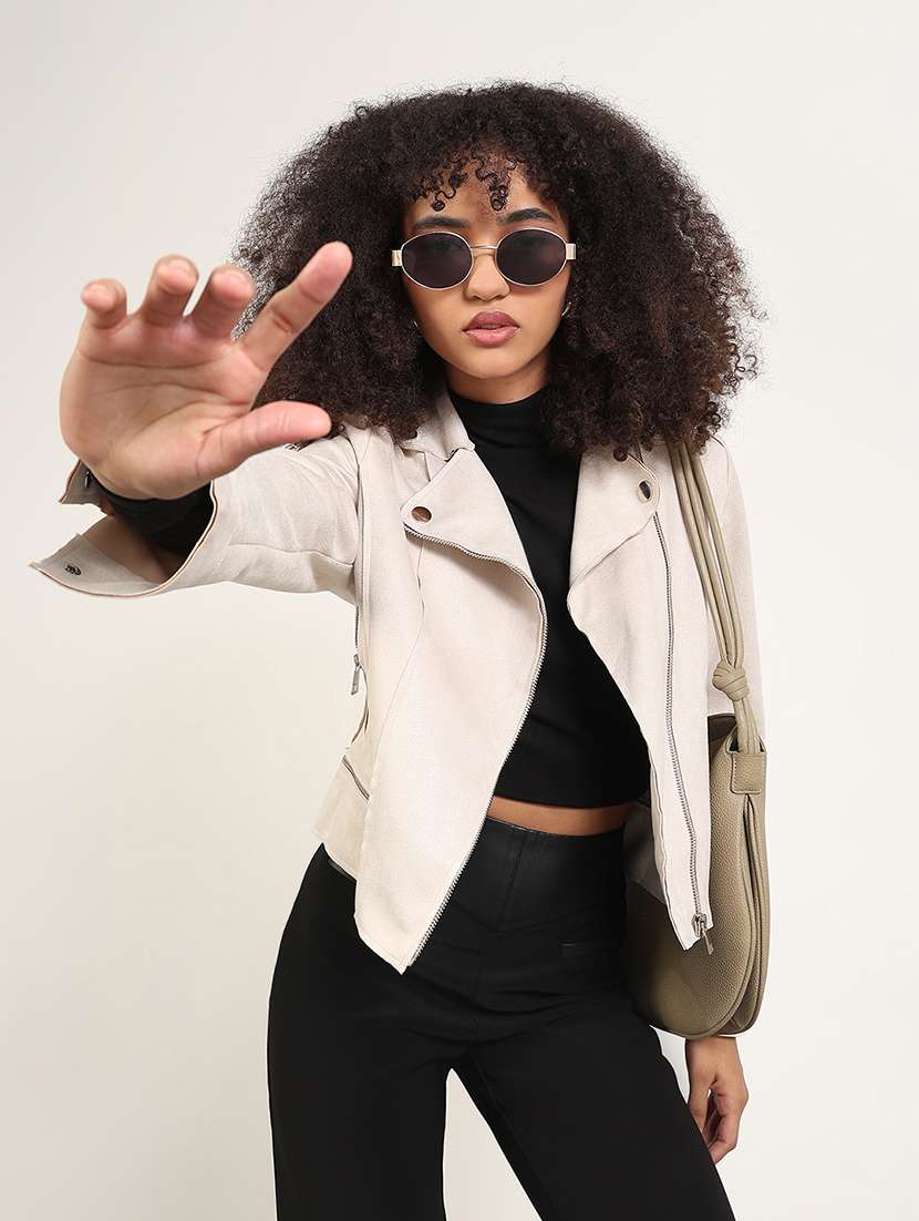 women solid long sleeves trench biker jacket