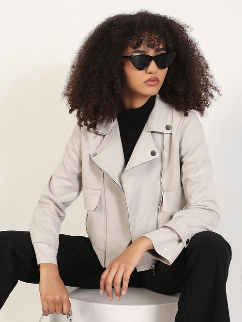 women solid long sleeves biker jacket - 21843510 - Standard Image - 0