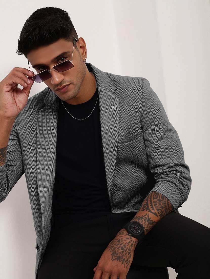 men grey long sleeve single breasted casual blazer