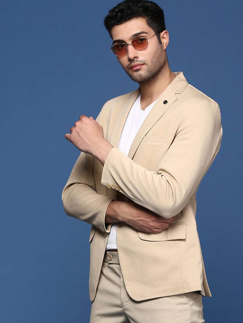 men beige long sleeve single breasted casual blazer