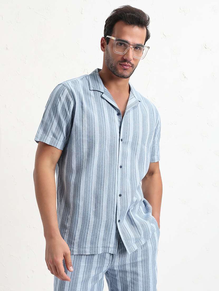 men blue stripes short sleeve co-ord set
