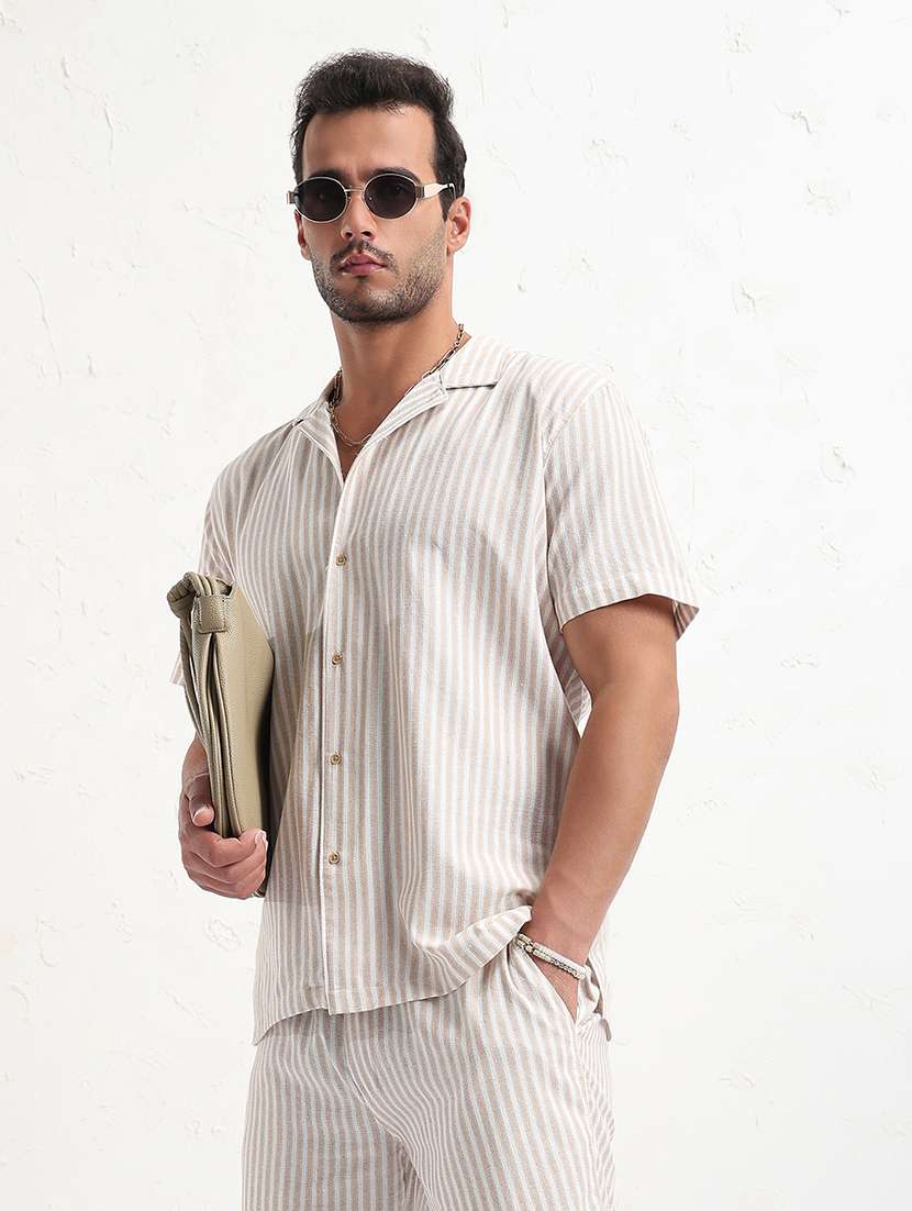 men beige stripes short sleeve co-ord set