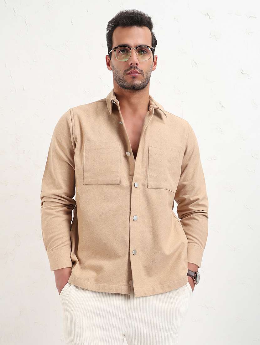 men beige solid long sleeve regular fit shacket