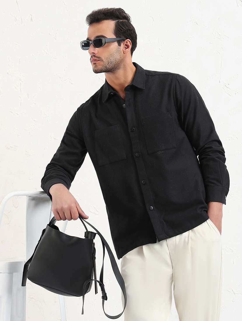 men black solid long sleeve regular fit shacket - 21843581 -  Zoom Image - 0
