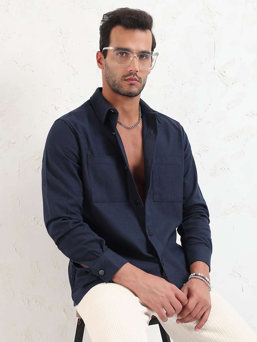men navy blue solid long sleeve regular fit shacket
