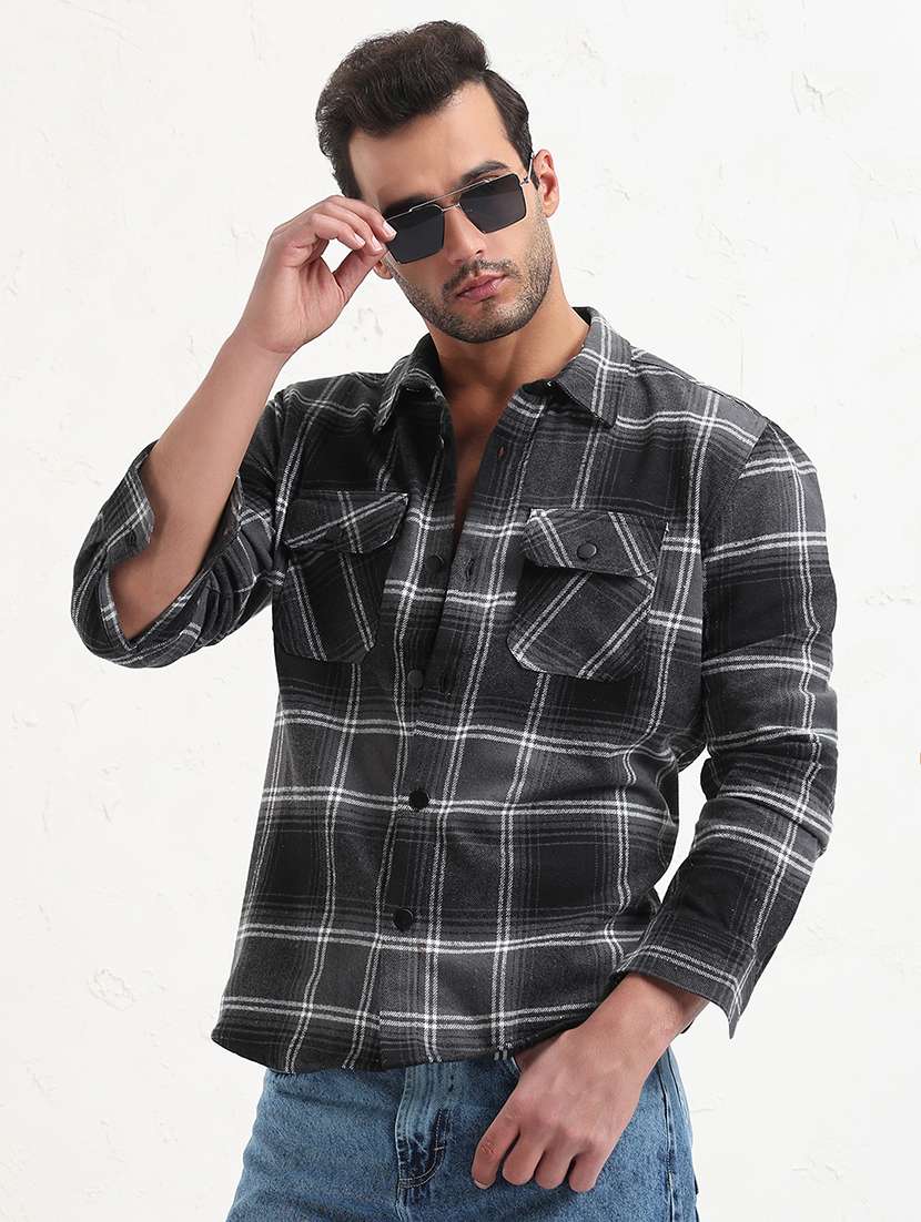 men grey checked long sleeve regular fit shacket