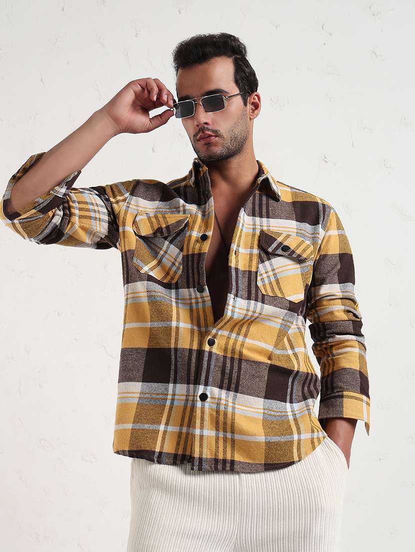men yellow checked long sleeve regular fit shacket