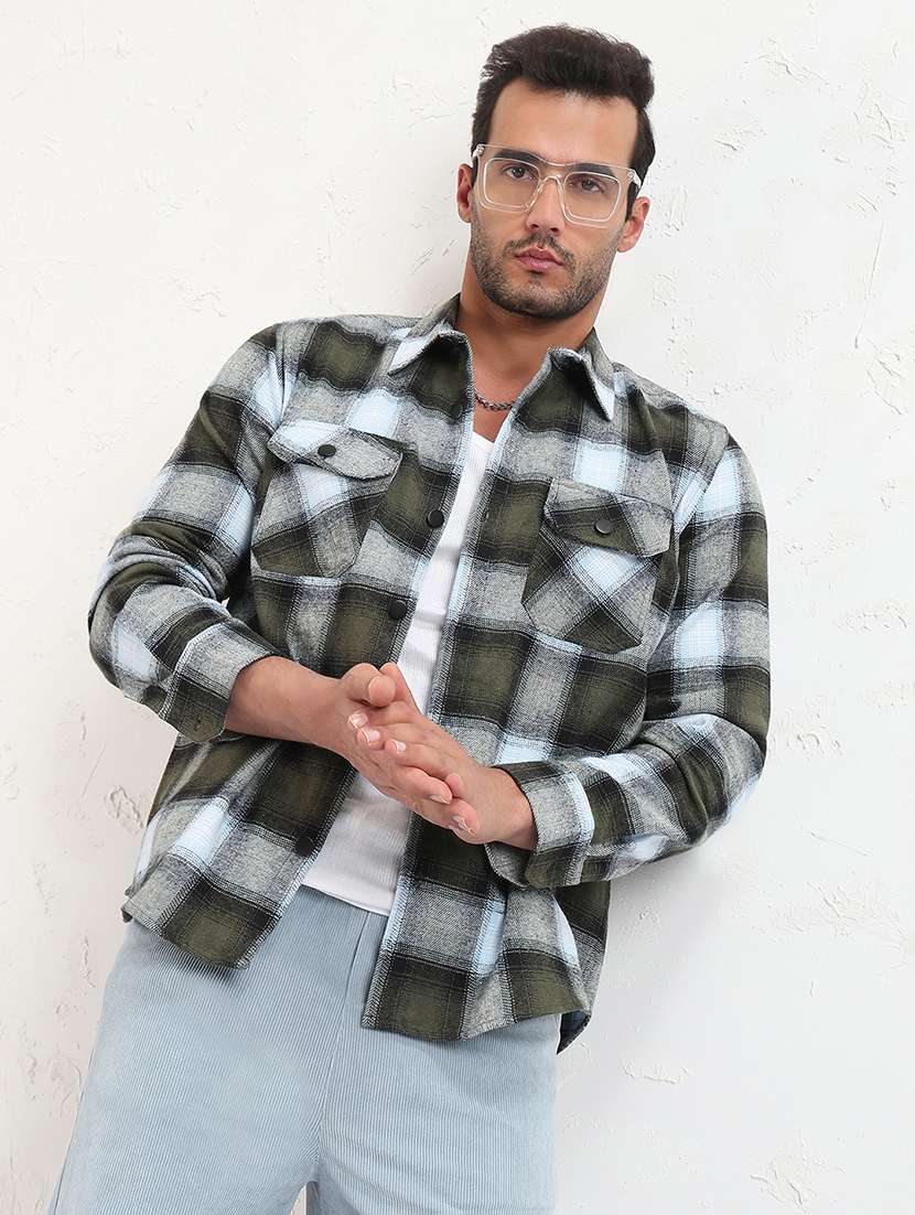 men green checked long sleeve regular fit shacket