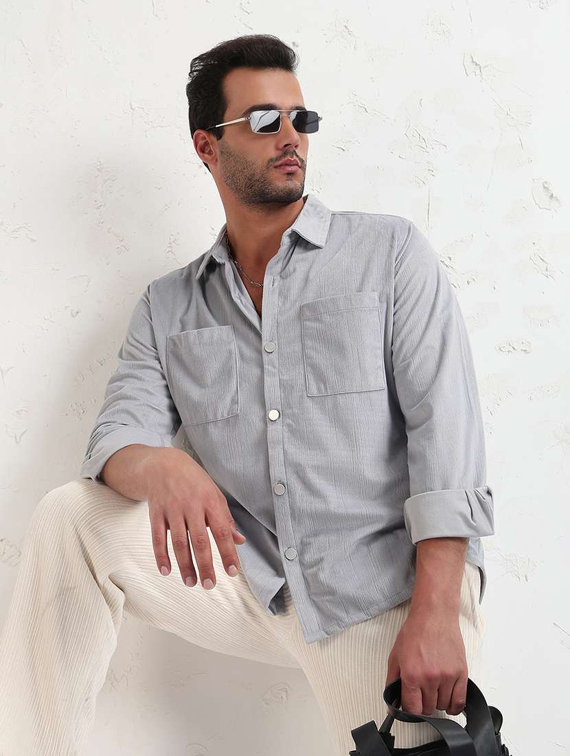 men grey solid long sleeve regular fit shacket