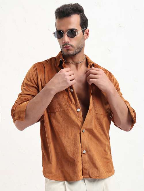 men tan solid long sleeve regular fit shacket