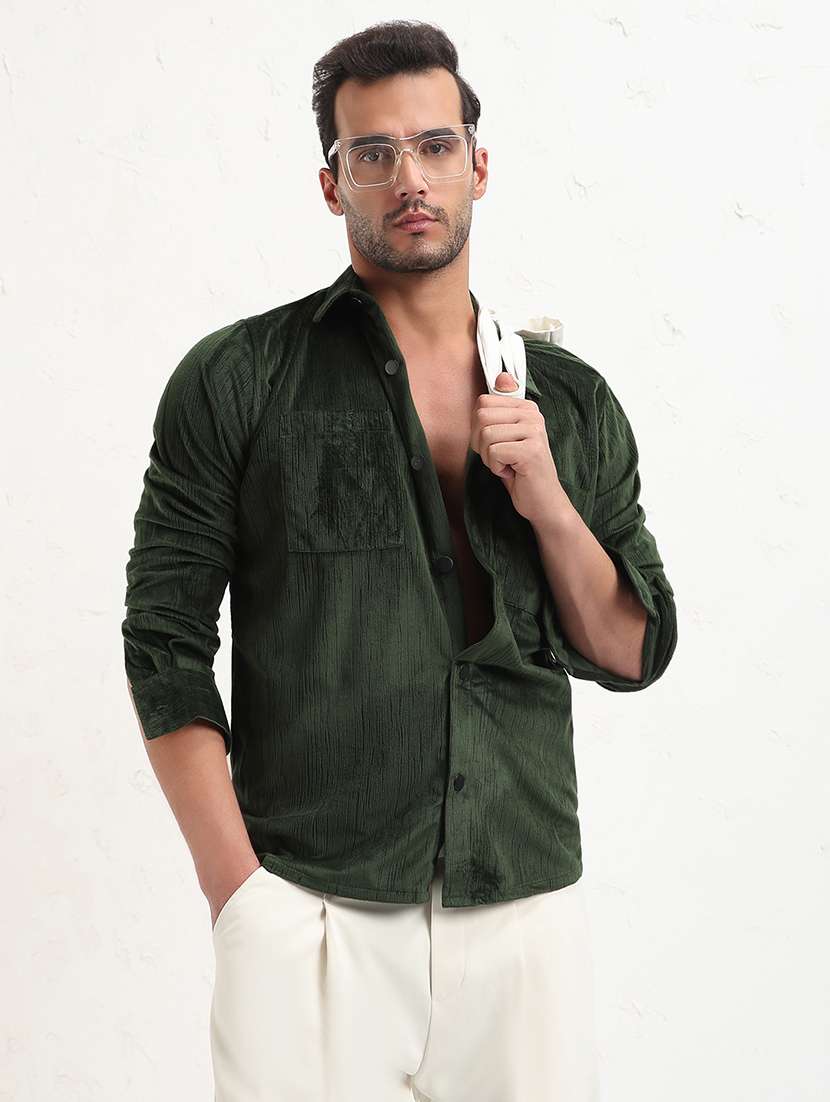 men green solid long sleeve regular fit shacket