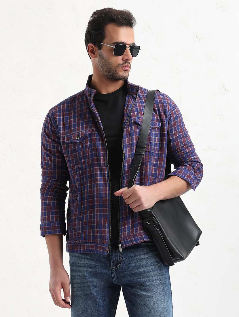 men blue checked long sleeve regular fit shacket - 21843601 - Zoom Image - 0