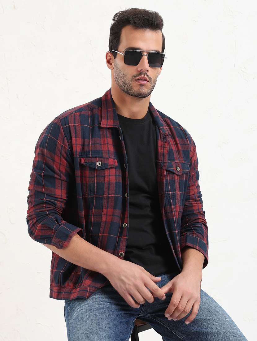 men red checked long sleeve regular fit shacket