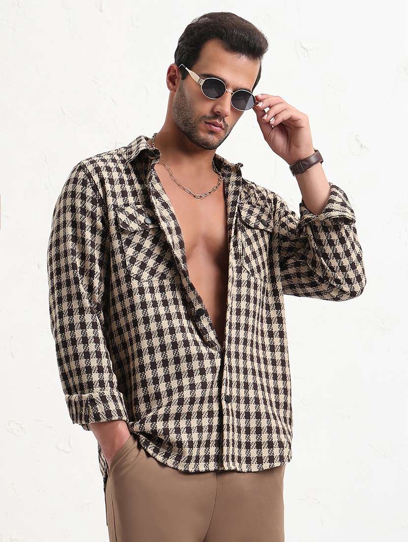 men beige checked long sleeve regular fit shacket